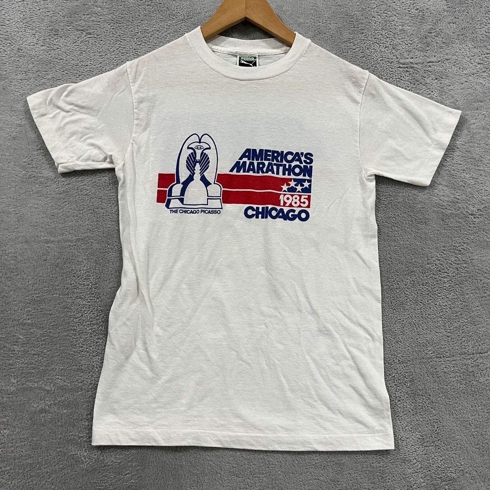 VINTAGE PUMA 1985 CHICAGO MARATHON T-SHIRtT SIZE SMALL SLIM FIT USA MADE